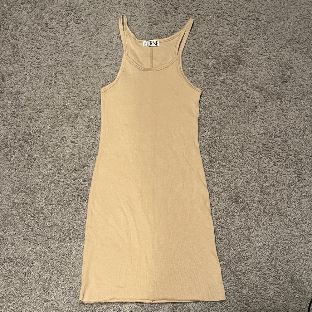 $165 ETERNE Sand Beige TANK MINI Cotton Slim Ribbed DRESS size Small